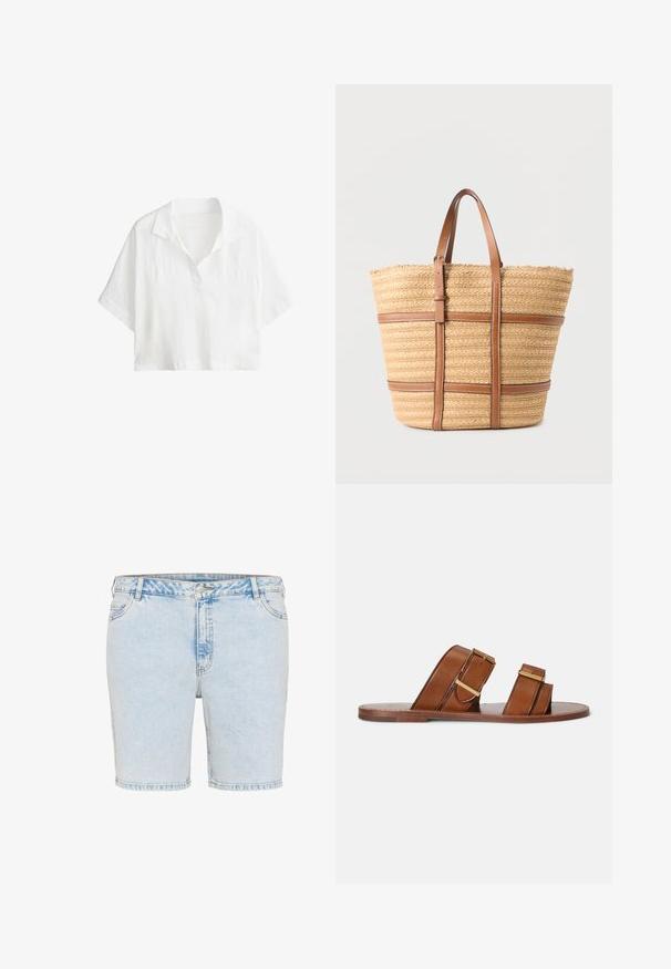 Chemise blanche courte à manches courtes avec col et patte de boutonnage partielle à l'avant.; Shorts en denim bleu clair avec une coupe droite, cinq poches et des coutures visibles. Dispose d'une fermeture à bouton et à glissière.; Sandales mules en cuir marron avec deux brides réglables, boucles dorées et semelle plate en bois.; Grand sac fourre-tout beige tissé avec deux sangles en cuir marron et des bandes horizontales en cuir marron sur un fond uni.