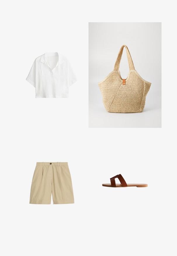 Hvid kortærmet cropped skjorte med krave og delvist foran knaplukning.; Marks & Spencer PURE FRONT BERMUDA - Shorts - beige; Brune læder slidesandal med en bred rem med firkantet udskæring, flad tan sål og glat tekstur. Enkel design for nem brug.; Stor stråtask med en tekstureret, beige yderside og to brede håndtag. Har et læderbånd som lukning.