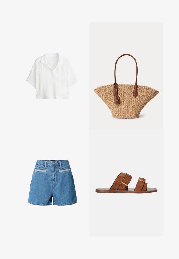 Chemise blanche courte à manches courtes avec col et patte de boutonnage partielle à l'avant.; Shorts en denim bleu taille haute avec fermeture à boutons sur le devant, passants pour ceinture et deux poches horizontales à l'avant sur fond blanc.; Sandales mules en cuir marron avec deux brides réglables, boucles dorées et semelle plate en bois.; Sac cabas en paille tissée avec une large forme en éventail et des poignées et une étiquette en cuir marron, sur un fond clair uni.