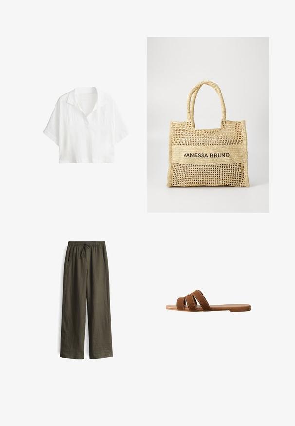 Wit kort mouw cropped shirt met kraag en gedeeltelijke knoopsluiting aan de voorkant.; Olijfgroene, losse broek met een elastische tailleband en trekkoord, voorzien van zijzakken en een lichtgewicht, gestructureerde stof.; Bruine suède slippersandaal met drie overlappende bandjes, een platte zool en contrasterende witte stiksels op de bandjes voor detail.; Beige geweven draagtas met twee handvatten en "VANESSA BRUNO" in het zwart gedrukt op een solide geweven paneel in het midden.