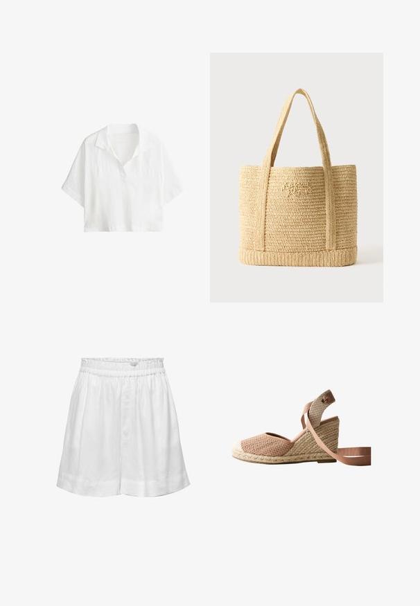 Hvid kortærmet cropped skjorte med krave og delvist foran knaplukning.; Hvide linnedshorts med elastisk talje og afslappet pasform. Har en glat tekstur og opsmøgte kanter for ekstra detaljer.; Kileespadrille med vævet beige og pink stofoverdel, flettet jutesål og pink ankelbånd på hvid baggrund.; Beige flettet stråtaske med to skulderstropper og subtil kursiv broderi foran, sat mod en ensfarvet baggrund.