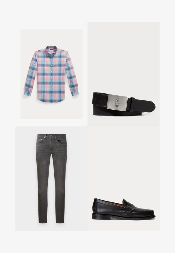 Camisa de algodón con botones, presenta un patrón de cuadros multicolor en tonos rosa, azul y verde. Incluye cuello ancho y mangas largas.; Jeans de mezclilla gris oscuro con un corte clásico, diseño de cinco bolsillos y un sutil efecto de desgaste, con cierre de botón y cremallera.; Mocasín negro de cuero con tacón bajo y detalle de correa para moneda, mostrado de lado sobre un fondo gris claro.; Cinturón de cuero negro con una hebilla rectangular de metal plateado que presenta un logo de jinete en relieve, textura suave y cinco agujeros.
