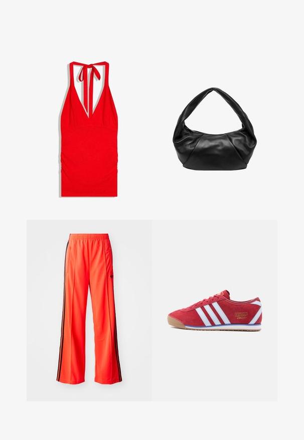 Rød halter-halsskjorte uden ærmer med dyb V-udskæring og bindelukning bag på nakken.; Lyse orange atletiske bukser med et bredt ben-design, har sorte sidelagner og en elastisk talje. Inkluderer en lynlåslomme.; Rød ruskindssneaker med hvide læderstriber, beige gummisål og tynde snørebånd. Har gyldent "adidas Italia"-mærke på siden.; Sort lædertaske med en unik buet form og et bredt, blødt håndtag. Har en lynlåslukning og en glat tekstur med subtile folder.