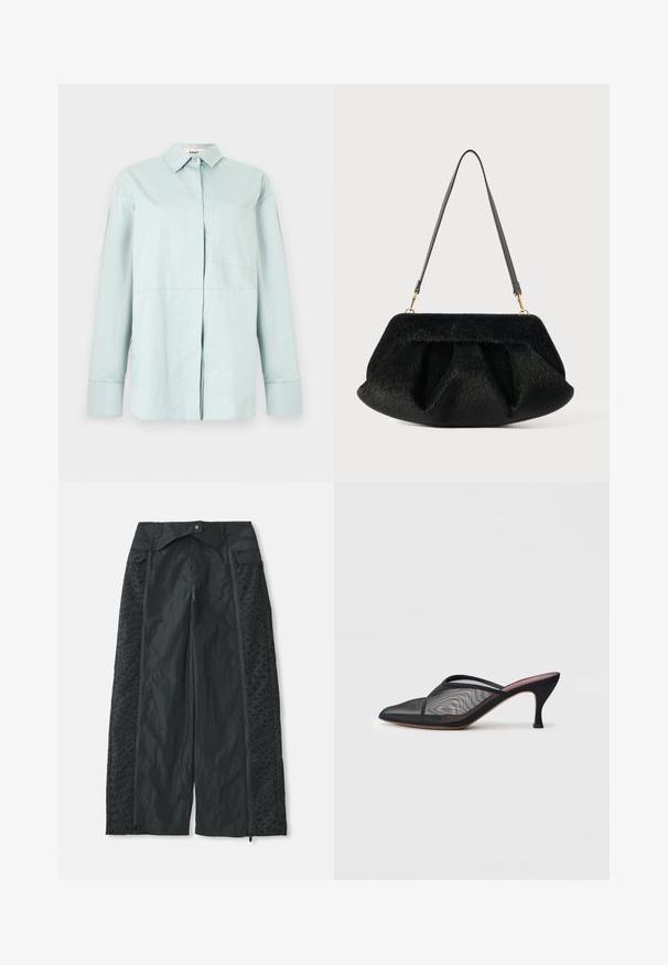 Chemise bleu clair à manches longues avec boutons, col pointu et poche poitrine gauche, présentée sur un fond blanc uni.; Pantalons larges noirs en matière légère, dotés de motifs texturés sur les côtés et d'ouvertures zippées aux ourlets.; Mule en mesh noir avec un bout pointu, de fines lanières et un talon stiletto de 3 pouces. Présente une texture transparente et une semelle tonale solide.; Sac à main noir texturé avec une finition en fausse fourrure douce. Présente un design froncé, un fond plat et une sangle en cuir mince et réglable. Accents en matériel doré.