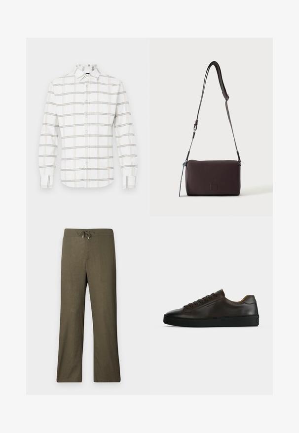 Chemise blanche à boutons avec un motif à carreaux en beige clair et gris. Confectionnée en tissu doux avec un col classique et des poignets ajustables.; Pantalons en lin olive, ample, avec taille à cordon et jambes larges. Texture lisse, design minimaliste, sans motifs ni accents visibles.; Baskets basses en cuir marron foncé avec semelle en caoutchouc noire, lacets à l'avant et design minimaliste épuré sur fond clair.; Sac bandoulière en cuir marron foncé texturé avec une sangle réglable et un petit accent décoratif bleu sur le côté.