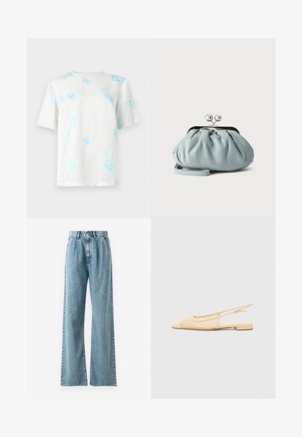 Weißes T-Shirt mit kurzen Ärmeln, hellblauem floralen Batikmuster, Rundhalsausschnitt und regulärer Passform, dargestellt vor schlichtem Hintergrund.; Helle blaue hochgeschnittene weite Jeans aus Denim, mit Knopfverschluss, ausgeprägten Falten und genähten Taschen.; Slingback-Ballerina in hellbeige mit einem Netz-Obermaterial, spitz zulaufender Zehenpartie und niedrigem Absatz. Verfügt über einen verstellbaren Riemen für eine optimale Passform.; Kleine hellblaue Leder-Münztasche mit silbernem Metall-Kissenschloss und kurzem Handgelenksriemen vor einfarbigem Hintergrund.