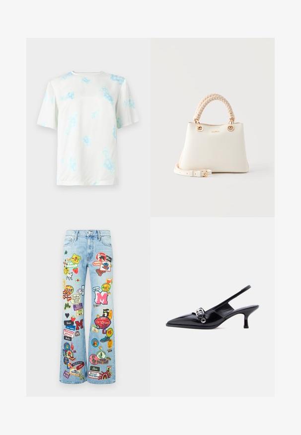 Camiseta blanca de manga corta con patrón tie-dye floral en azul claro, cuello redondo y ajuste regular, mostrada sobre un fondo liso.; Jeans de denim azul claro con piernas anchas, decorados con coloridos parches bordados que presentan letras, animales y varios símbolos.; Zapato de charol negro con talón bajo tipo slingback, punta puntiaguda y detalle de hebilla plateada sobre fondo blanco liso.; Bolso de mano de cuero crema con asa superior trenzada, anillas metálicas doradas, una correa desmontable y un logo discreto en el centro delantero.