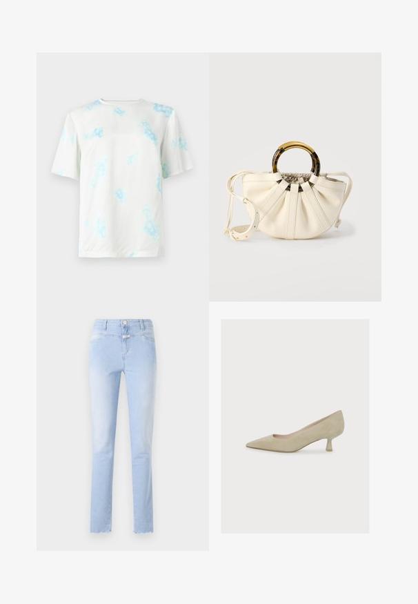 Weißes T-Shirt mit kurzen Ärmeln, hellblauem floralen Batikmuster, Rundhalsausschnitt und regulärer Passform, dargestellt vor schlichtem Hintergrund.; Hellblaue Jeans aus Denim mit geradem Schnitt, einem verwaschenen Finish, fünf Taschen, leichten Ausfransungen am Saum und einem Knopfverschluss vorne.; Beiger Veloursleder-Damenspitzpumps mit niedrigem, schlankem Kittenheel und einer glatten, matten Oberfläche.; Handtasche in Cremefarbe mit gefaltetem Lederkörper, runden Griffen aus Schildpatt und Goldton sowie einem verstellbaren Schulterriemen.