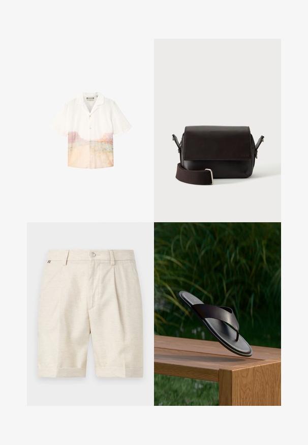 Chemise blanche à manches courtes avec un imprimé subtil de paysage désertique aux tons pastels sur la moitié inférieure.; Shorts beige sur mesure longueur genou avec fermeture par boutons, passants de ceinture et plis subtils à l'avant sur fond uni.; Sandale en cuir noir flottant au-dessus d’un banc en bois avec un feuillage vert en arrière-plan flou.; Sac bandoulière en cuir marron foncé avec fermeture à rabat et sangle en tissu réglable sur fond blanc.