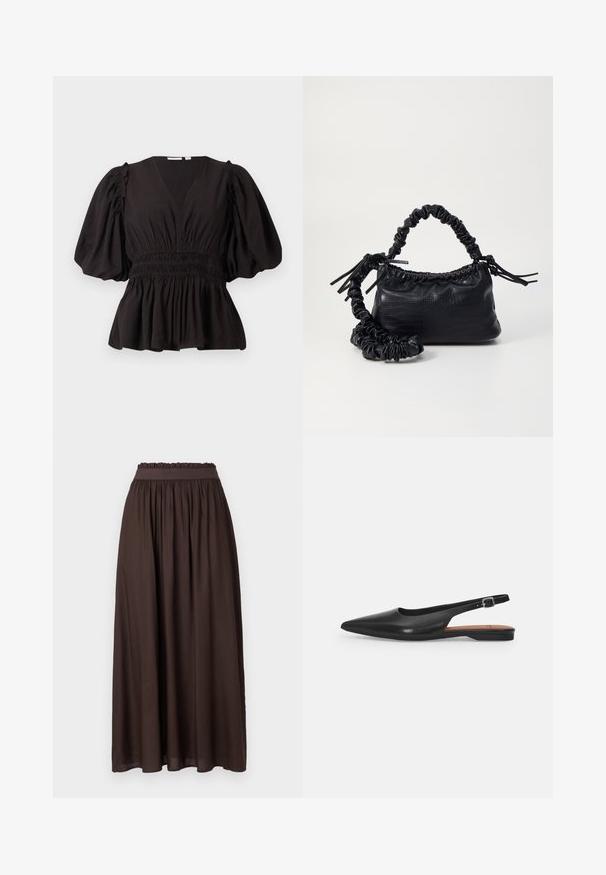 Top negro de manga abullonada con escote en V profundo, cintura fruncida y dobladillo acampanado. Hecho de tela ligera con una textura suave.; Falda marrón de longitud hasta el tobillo, hecha de una tela suave. Cintura elástica con textura fruncida, que ofrece un ajuste relajado. Diseño sencillo, sin patrones.; Zapato de cuero negro tipo slingback con punta afilada, ligero brillo y correa ajustable en el tobillo. Tacón plano con plantilla marrón.; Bolso de mano de imitación cuero negro con textura de cocodrilo, parte superior fruncida y correa arrugada. Presenta un diseño suave y compacto.