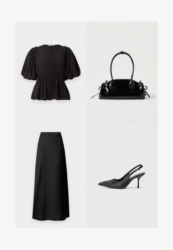 Top noir à manches bouffantes avec un décolleté en V profond, taille froncée et ourlet évasé. Fabriqué en tissu léger avec une texture lisse.; Jupe maxi en satin noir avec une texture lisse, taille haute, silhouette fluide et sans motifs ni détails en métal visibles.; Escarpin en cuir noir à talon aiguille avec un bout pointu, une bride latérale à boucle, des clous le long du bord et un laçage décoratif à l'avant.; Petit sac à main noir brillant avec deux longues anses et des détails à cordon sur les côtés sur un fond clair uni.