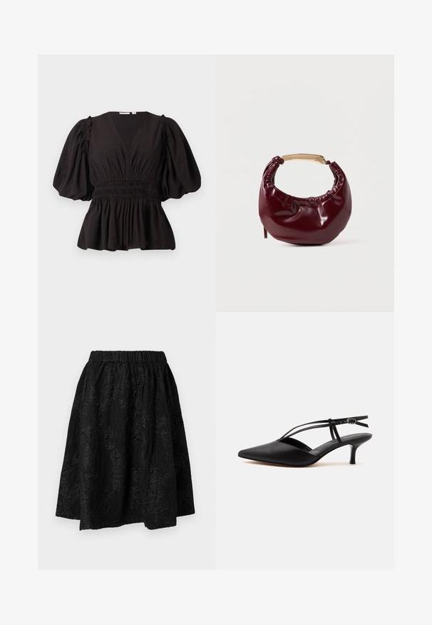 Top negro de manga abullonada con escote en V profundo, cintura fruncida y dobladillo acampanado. Hecho de tela ligera con una textura suave.; Falda negra con cintura elástica, con patrones florales texturizados. La tela parece ligera y ligeramente arrugada.; Zapato de piel negra con puntera puntiaguda y tacón kitten, con tira fina en el tobillo y hebilla, diseño slingback, sobre un fondo liso y claro.; Bolso de mano de piel sintética burdeos con forma redondeada, detalles fruncidos y un asa de metal dorado. Textura suave y acabado brillante.