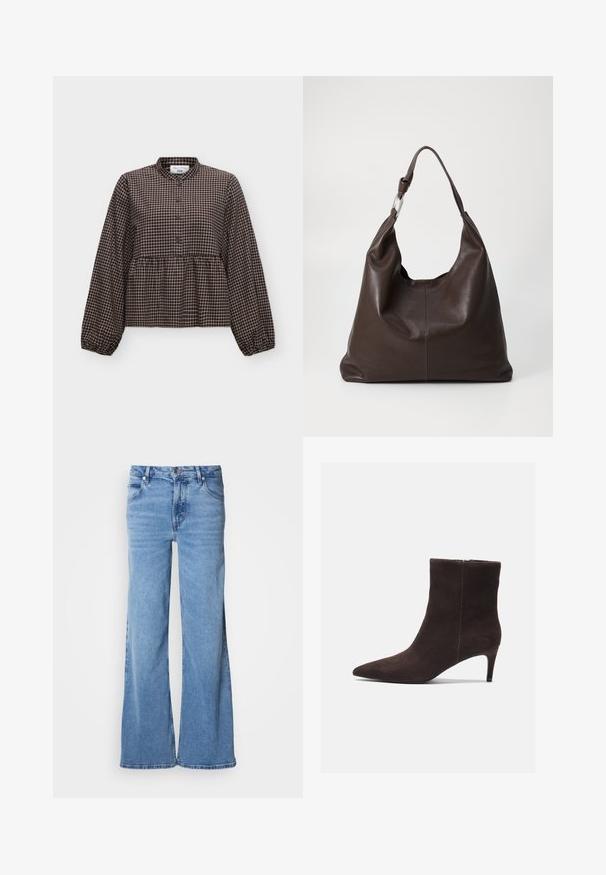 Langärmelige schwarz-beige karierte Bluse mit rundem Kragen und durchgehender Knopfleiste, lockere Passform mit geraffter Taille und elastischen Bündchen.; Hellblaue Jeans mit weitem Bein aus Denim. Mit klassischem Fünf-Taschen-Design und sichtbarem Knopfverschluss. Weiche Textur und schlichter Abschluss.; Braune Wildleder-Ankelstiefel mit spitzem Zehenbereich und 7,5 cm Absatz, ausgestattet mit einer glatten Textur und minimalistischen Design. Reißverschluss auf der Rückseite.; Zign by Zalando LEATHER - Shopping Bag - chocolate brown
