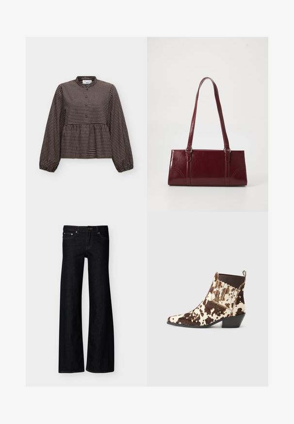 Langärmelige schwarz-beige karierte Bluse mit rundem Kragen und durchgehender Knopfleiste, lockere Passform mit geraffter Taille und elastischen Bündchen.; Schwarze Jeans mit weitem Bein, Vordertaschen, Knopfverschluss und sichtbaren Nähten, präsentiert vor einem schlichten weißen Hintergrund.; Cowboy-Stiefel aus braunem und cremefarbenem Fell, mit spitzem Schuhkopf, niedrigem Absatz und gerippten Akzenten an den Seiten.; Burgunderfarbene Handtasche aus glänzendem Material, rechteckige Form, mit zwei Schulterriemen und subtilen, geschwungenen Akzenten an der Vorderseite.
