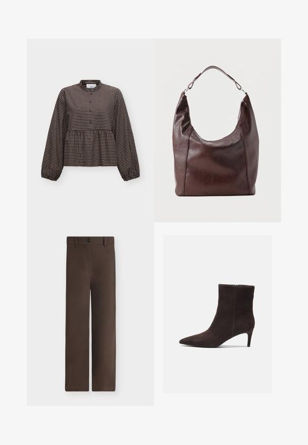 Langärmelige schwarz-beige karierte Bluse mit rundem Kragen und durchgehender Knopfleiste, lockere Passform mit geraffter Taille und elastischen Bündchen.; Braune Hose mit geradem Bein, Knopf und Gürtelschlaufen, flach auf neutralem Hintergrund dargestellt.; Braune Wildleder-Ankelstiefel mit spitzem Zehenbereich und 7,5 cm Absatz, ausgestattet mit einer glatten Textur und minimalistischen Design. Reißverschluss auf der Rückseite.; Dunkelbraune Leder-Schultertasche mit einem einzelnen verstellbaren Riemen, einer leicht gebogenen Oberseite und einem Reißverschluss an einer Seite.