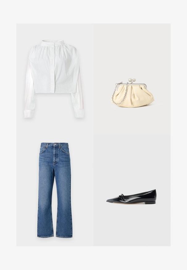 Witte cropped blouse met lange mouwen, fijne verticale streepjes, geplooide inzet, hoge halslijn met een sluiting met één knoop.; High-waisted blauwe denim jeans met een rechte pijp, voorzien van vijf zakken en subtiele vervaging. Klassieke knoopsluiting en stiksels als accent.; Zwarte gepatenteerde leren platte schoen met een puntige neus, een kleine decoratieve band en een lage blokhak. Gladde textuur en strak ontwerp.; Geplooide beige leren clutch met een zilveren metalen frame, voorzien van twee ronde decoratieve sluitingen en een zilveren kettingriem.