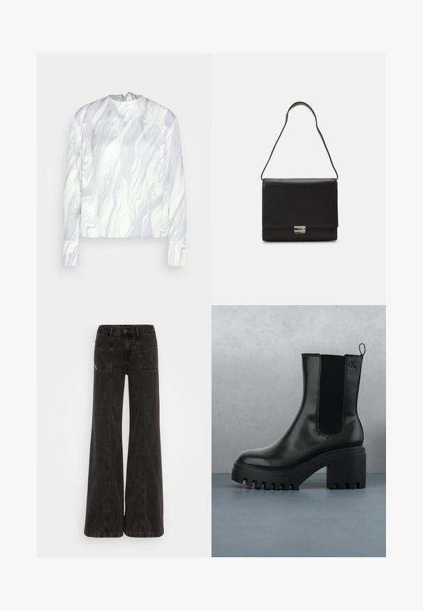 Calvin Klein Bluse - lilac dusk; Schwarze weit geschnittene Jeans aus Denim, mit hoher Taille, frontalen Taschen und tonal abgesteppten Nähten.; Schwarze Leder-Stiefelette mit runder Zehenform, chunky Plateausohle und Netzseiteneinsätzen. Verfügt über eine Zuglasche für einfaches An- und Ausziehen.; Calvin Klein ARCHIVE SHOULDER BAG SHINY - Handtasche - black