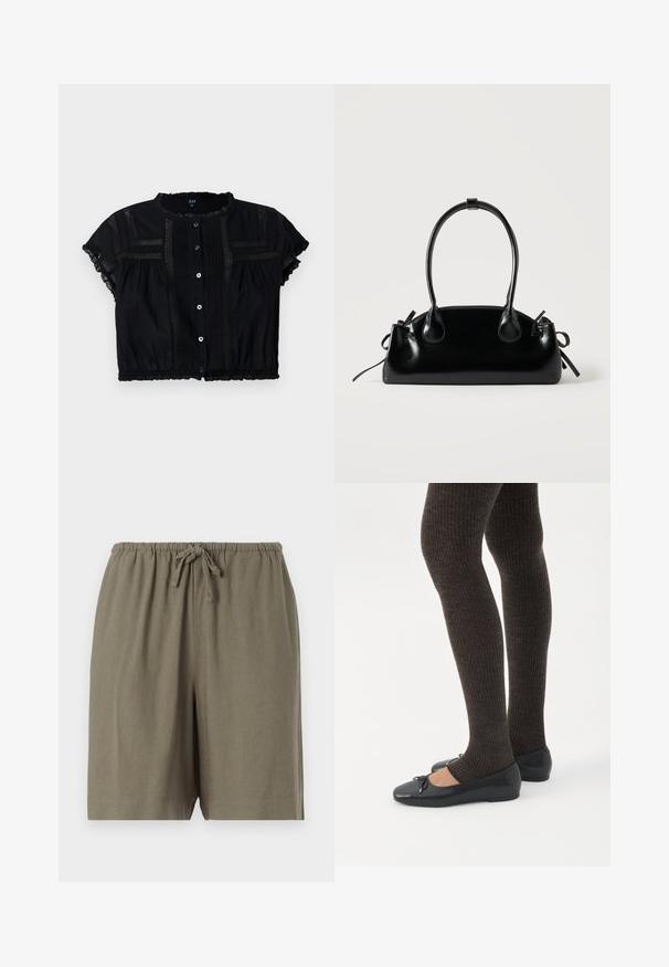 Blouse noire cropped à manches courtes, avec des accents en dentelle, un boutonnière à l'avant et des détails plissés sur le corsage et les manches.; Shorts en khaki fabriqués en tissu léger. Ils disposent d'une taille élastique avec un cordon de serrage et d'une coupe décontractée. Design simple et monochrome.; Jambes portant des leggings côtelés foncés associés à des ballerines noires avec de petits détails en nœud sur fond blanc.; Petit sac à main noir brillant avec deux longues anses et des détails à cordon sur les côtés sur un fond clair uni.