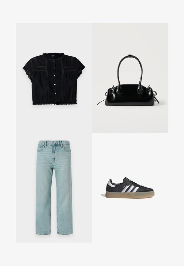 Blusa negra cortada con mangas cortas, con adornos de encaje, botones en la parte delantera y detalles plegados en el cuerpo y las mangas.; Jeans de corte ancho en azul claro, confeccionados en denim, con un diseño clásico de cinco bolsillos, líneas limpias y una cinturilla regular con cierre de botón.; Zapatilla deportiva de cuero negro con tres rayas plateadas, punta texturizada y suela de goma. Cuenta con un collar acolchado y un diseño con cordones.; Pequeño bolso negro brillante con dos asas largas y detalles de cordón lateral sobre un fondo claro liso.