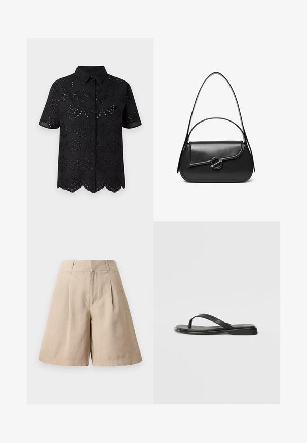 Schwarzes Kurzarmhemd mit Lüdchennäherei und gewelltem Saum sowie Knopfleiste. Leichter Stoff mit strukturierter Musterung.; Beige Baumwollshorts mit Falten, hohe Taille und geradem Schnitt. Die glatte Textur und das maßgeschneiderte Design sorgen für einen strukturierten Look.; Schwarze Flip-Flops aus glattem Leder, mit einem dünnen Riemendesign und einer flachen Sohle mit minimalem Profil. Keine bemerkenswerten Muster oder Akzente.; Schwarze Lederschultertasche mit einer geschwungenen Klappe, die durch einen runden Metallverschluss gesichert ist, und einem schlanken, verstellbaren Riemen.