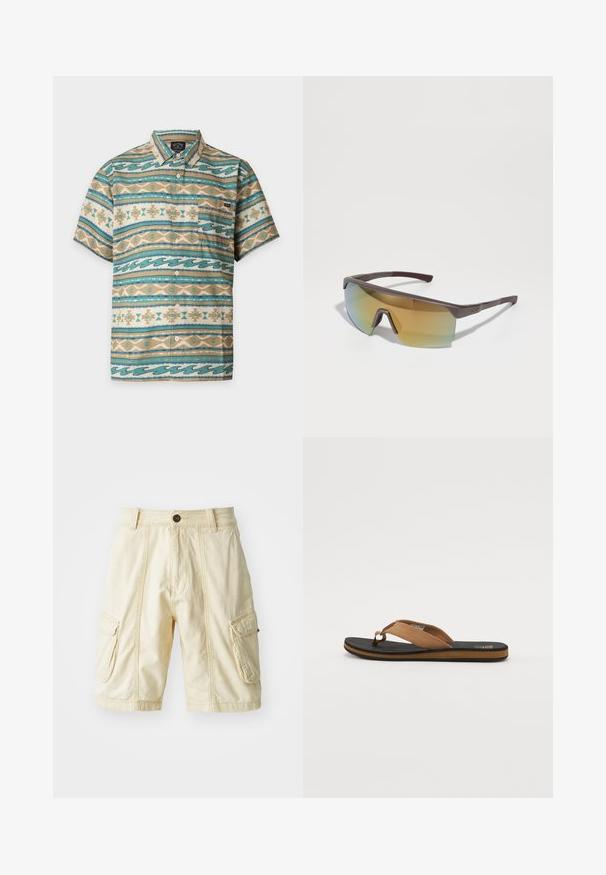 Overhemd met korte mouwen en knoppen met turquoise, beige en witte horizontale strepen met geometrische en golfpatronen en een borstzak aan de linkerzijde.; Knielange cargoshorts van lichtbeige stof met een knoopsluiting, twee grote zijzakken en zichtbare stiksels.; Bruine teenslipper met een gestructureerde zwarte rubberen zool, voorzien van een gladde suède band en een minimalistisch ontwerp. De randkleur contrasteert met de zool.; Sportzonnebril met een slank, rechthoekig bruin montuur en een vervagend geel-blauw glas, met een duidelijke neusbrug en gestructureerde tempelgrepen.