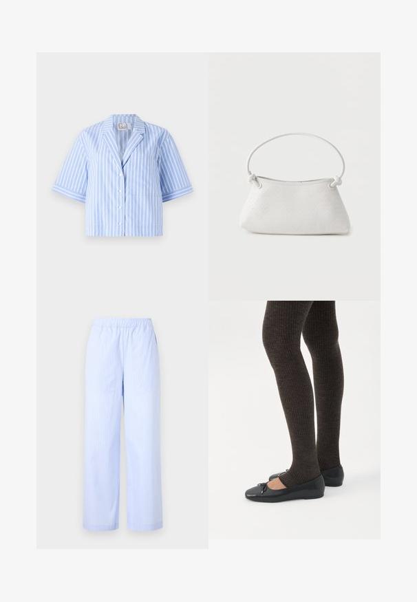 Blauwe en witte gestreepte short-sleeve blouse met een kraag, knopen aan de voorkant, een enkele zak en contrasterende strepen op de mouwen.; Lichtblauwe gestreepte broek met een elastische tailleband, wijde pijpen, zijzakken en een gladde textuur. Geen extra versieringen.; Benen met donkere geribbelde leggings gecombineerd met zwarte ballerina's met kleine strikdetails op een witte achtergrond.; Witte handtas van gevlochten leer met een afgeronde handgreep en uiteinden van de band die geknoopt zijn, afgebeeld tegen een effen achtergrond.
