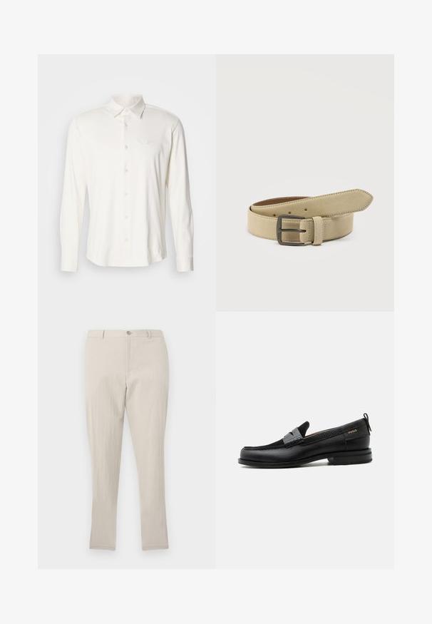 Chemise blanche à manches longues en tissu doux, dotée d'un col à boutons et d'un logo brodé sur la poitrine. Texture lisse, design classique.; Pantalon droit texturé beige clair avec passants pour ceinture, fermeture à bouton et zip frontal, présenté sur un fond uni.; Mocassin en cuir noir avec détail de bride grise, talon bas et semelle texturée, marqué "HUGO" en or sur le côté.; Ceinture en daim beige avec une boucle rectangulaire en métal sombre, plusieurs trous d'ajustement et une boucle cousue sur fond blanc.