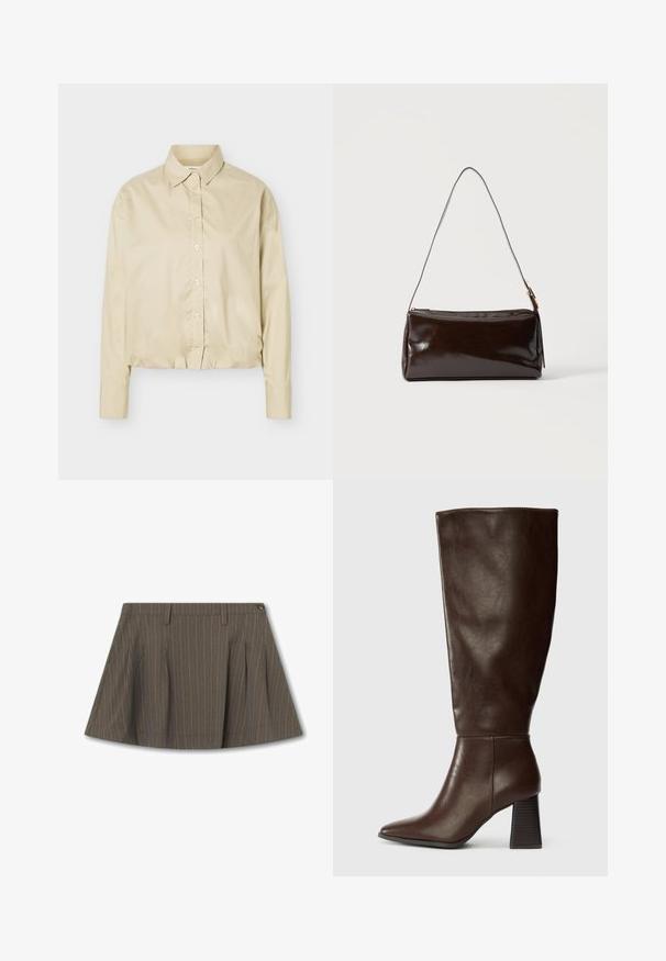 Chemise beige à manches longues avec boutons, col pointu et ourlet élastiqué, présentée à plat sur un fond clair.; Jupe rayée marron avec des plis, fabriquée dans un tissu lisse. Elle dispose d'une taille et d'une fermeture éclair sur le côté.; Botte en cuir marron hauteur genou avec un bout pointu et un talon texturé épais. Fini lisse avec des détails de couture minimaux.; Sac à bandoulière rectangulaire en cuir marron foncé avec une seule sangle fine et une boucle dorée sur un fond uni.