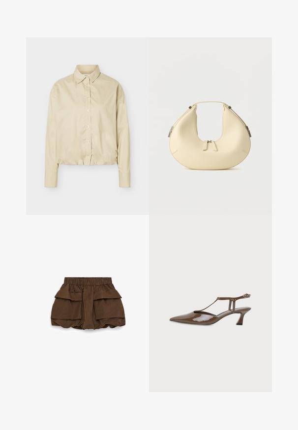 Chemise beige à manches longues avec boutons, col pointu et ourlet élastiqué, présentée à plat sur un fond clair.; Shorts marron taille haute avec ceinture élastique et grandes poches avant superposées de chaque côté, en tissu léger.; Chaussure slingback en cuir verni marron, bout pointu, petit talon kitten, fine bride en T et fermeture à boucle à la cheville.; Sac à main beige en forme de croissant avec fermeture à double fermeture éclair et poignée courte, avec des détails en métal argenté sur les côtés.