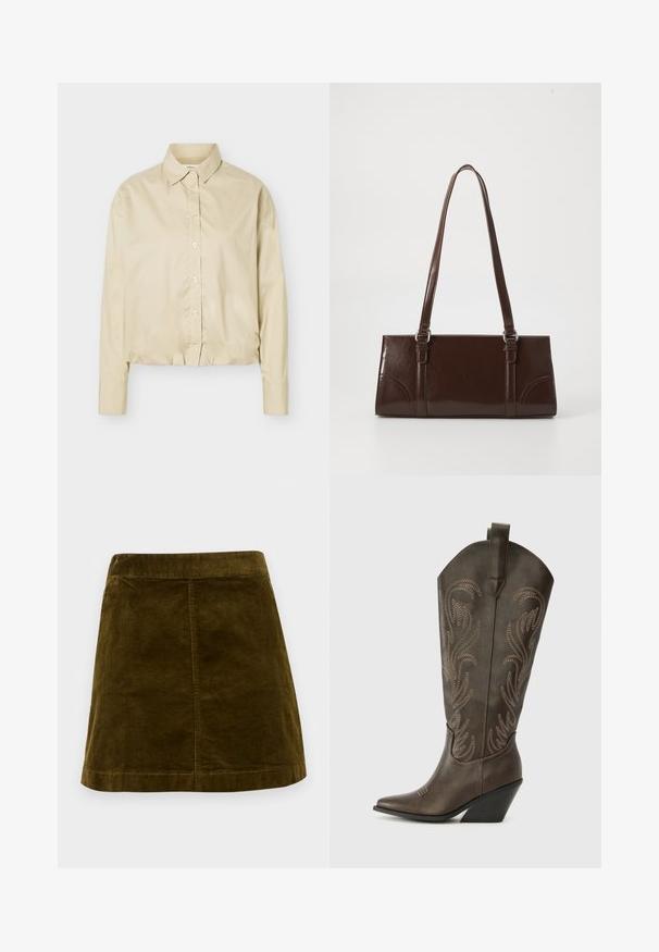 Beige langærmet skjorte med knapper, spids krave og elastisk kant, vist fladt på en lys baggrund.; Brun kordfløjl mini skirt med lodrette ribber, lige snit og en ren kant. Har en simpel talje uden udsmykninger.; Brune læder cowboystøvle med spids tå, kilehæl og dekorativ broderi. Har en høj stok og en trækflap.; Brun lakeret håndtaske med rektangulær form, to lange håndtag og subtile buede detaljer på fronten.