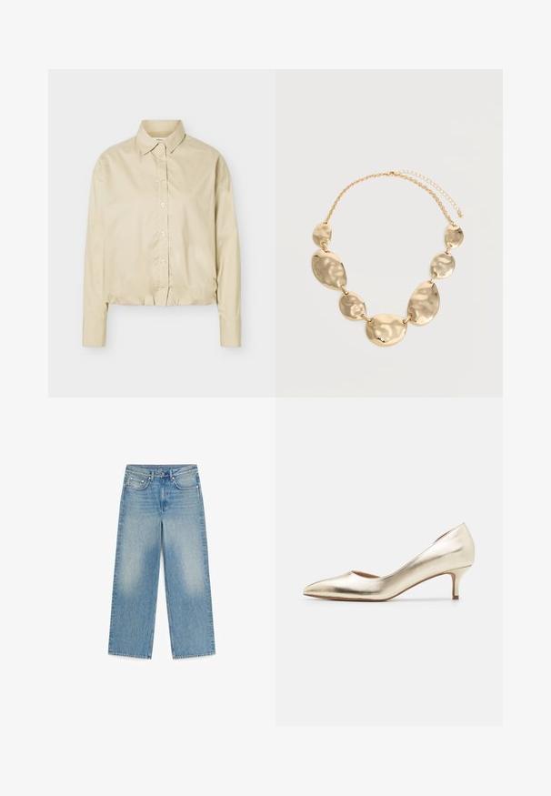 Beige langærmet skjorte med knapper, spids krave og elastisk kant, vist fladt på en lys baggrund.; Lyseblå cowboybukser med lige ben, fem lommer, knaplukning og subtile falmede områder på forsiden af lårene.; Metallic guld højhælede pumps med spids tå, slank hæl, glat tekstur og minimale syninger på overdelen.; Guldtonet kædehalskæde med seks uregelmæssige, hamret ovale og runde metalplader forbundet sammen og justerbar lås.