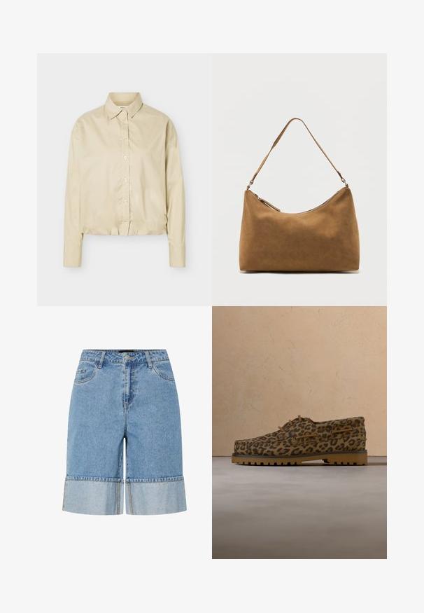 Chemise beige à manches longues avec boutons, col pointu et ourlet élastiqué, présentée à plat sur un fond clair.; Shorts en denim bleu clair avec un ourlet roulé, dotés d'une fermeture par bouton, de passants de ceinture et de deux poches avant. Texture lisse et design décontracté.; Mocassins à imprimé léopard marron et noir, semelle épaisse en caoutchouc beige, et lacets marron, posés sur un tapis beige devant un canapé beige.; Sac à bandoulière en daim marron avec une seule sangle et une fermeture éclair supérieure, présenté sur un fond blanc uni.