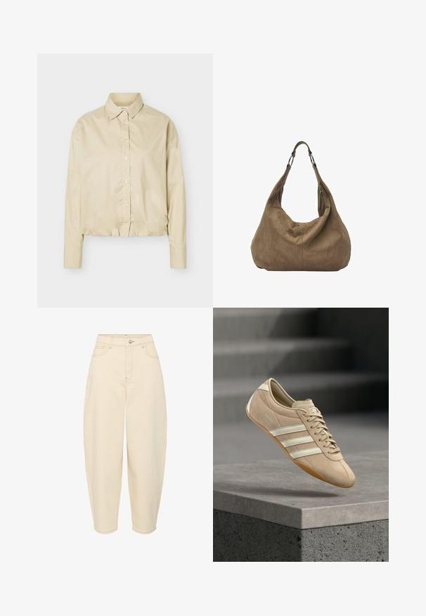 Beige overhemd met lange mouwen en knopen, spitse kraag en elastische zoom, plat uitgespreid op een lichte achtergrond.; Beige high-waisted jeans met een losse pasvorm. Heeft vijf zakken, een ritssluiting aan de voorkant en een knoopsluiting. Gemaakt van stevig katoen.; Lichtbeige sneaker met drie witte horizontale strepen, bovenwerk van suède en een rubberen gumzool, met een logo aan de zijkant.; Bruine suède hobo tas met een nonchalante vorm, voorzien van een brede schouderband en subtiele naden. Inclusief twee met rits afsluitbare zakken aan de zijkanten.