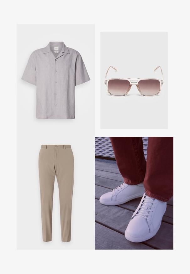 Kortærmet, lysegrå skjorte med knapper fremstillet af hør. Har en spids krave og en subtil tekstur med seks knapper ned foran.; Beige skræddersyede bukser med en glat tekstur, slim fit og frontknaplukning. Ingen synlige mønstre eller udsmykninger.; Hvide lavtop sneakers med en glat læderoverflade, der har tonede snørebånd og en gummisål, parret med røde bukser i struktureret stof.; Solbriller med gennemsigtigt stel, rektangulære brune gradientlinser og dobbelt brodesign, vist mod en hvid baggrund.