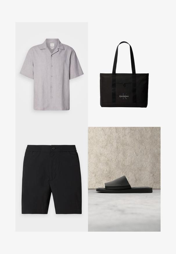 Chemise à manches courtes, gris clair, boutonnée, en lin. Dotée d'un col pointu et d'une texture subtile avec six boutons sur le devant.; Shorts mi-longs pour hommes noirs avec taille élastique, fermeture par bouton et poches latérales, présentés sur un fond uni.; Sandale slide noire Calvin Klein reposant sur un tapis beige à côté d'une table ronde de couleur ambre, avec un mur en panneaux de bois en arrière-plan.; Sac cabas noir Calvin Klein avec deux longues poignées et une poche avant, avec le logo de la marque en blanc et gris.