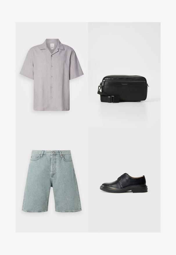 Kortærmet, lysegrå skjorte med knapper fremstillet af hør. Har en spids krave og en subtil tekstur med seks knapper ned foran.; Lysblå denim shorts med en afslappet pasform, fem lommer og knaplukning. Slidt udseende med synlige sømdetaljer.; Sorte læder oxford sko med rund tå, snørebånd foran og lav, stablet hæl på lys baggrund.; Sort læder crossover taske med en lynlåslomme, tekstureret overflade, justerbar rem og Calvin Klein-branding på forsiden.