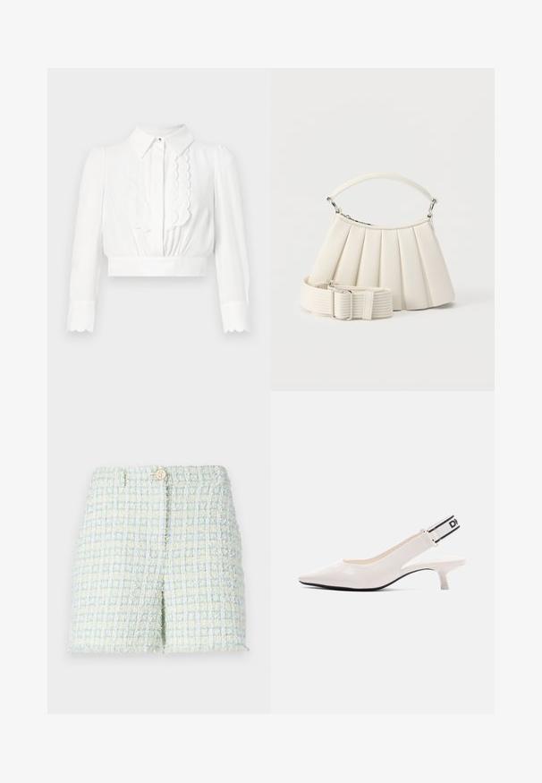 Blusa blanca corta con cuello, detalles en forma de concha en la parte delantera y mangas largas con puños en forma de concha. Tela suave y ligera.; Bermudas de tweed en azul claro y amarillo pálido con un patrón de cuadrícula texturizada. Presenta un cierre de botón en la parte delantera y un corte ajustado.; Zapato slingback de charol blanco con punta afilada, tacón kitten bajo y correa elástica negra y blanca con logo en el talón.; Bolso blanco plisado con asa corta y una correa de hombro ancha y extraíble con textura y hebilla plateada.