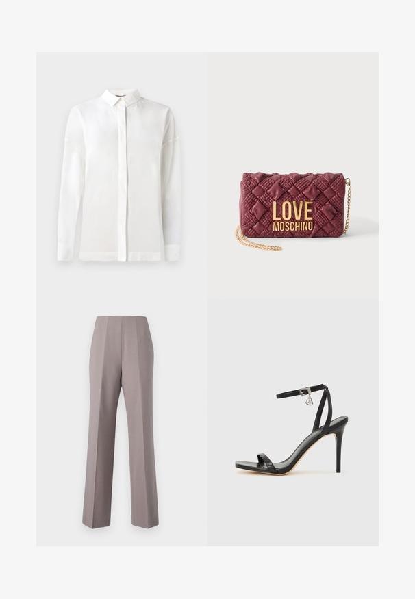 Chemise blanche à manches longues avec un col boutonné, texture lisse, coupe droite et patte de boutonnage cachée. Tissu doux et léger sans motifs.; Pantalons gris ajustés avec une taille haute, des jambes larges et des plis avant marqués. Fabriqués en tissu lisse, avec des bords nets et sans quincaillerie visible.; Sandale à talon haut noire avec une bride étroite à la cheville, bout carré, cuir lisse et accent de boucle métallique.; Sac à main matelassé bordeaux avec bandoulière chaîne dorée et grandes lettres dorées "LOVE MOSCHINO" à l’avant sur fond uni.