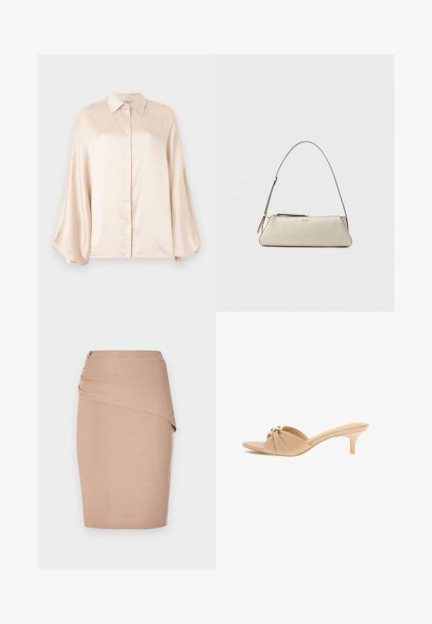 TWINSET WOVEN SHIRT - Overhemdblouse - parchment; Beige kokerrok tot de knie, gemaakt van ribbelstof, met een gedrapeerd voorpand en een zilveren rits aan de zijkant. Gladde textuur.; Beige muiltje met open teen, gedraaide bovenband en kleine kittenhak, met een goudkleurig decoratief accent aan de voorkant.; Kleine beige leren schoudertas met dunne band en ritssluiting, voorzien van een discreet metalen logo aan de voorzijde in het midden.