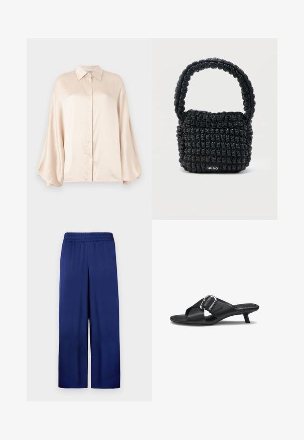 TWINSET WOVEN SHIRT - Skjortebluser - parchment; Marineblå buks med bred ben, med elastisk talje, lavet af glat stof, der har et enkelt og funktionelt design uden synlige mønstre.; Sort læder-skjusesandal med lav kittenhæl, brede krydsede remme og en stor sølvspænde-detalje på siden.; Lille sort quiltet håndtaske med kort polstret håndtag og "HUGO" mærke på forsiden, vist mod en ensfarvet lys baggrund.