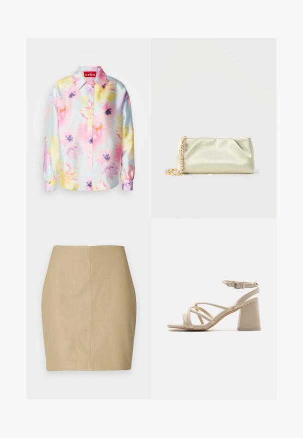 Blusa floral con fondo azul claro, adornada con flores rosas, amarillas y moradas, un cuello y cierre de botones. Tejido lustroso con mangas largas.; Falda mini de cuero beige con un diseño ajustado, textura suave y una costura central que corre verticalmente por la parte posterior.; Sandalias de tacón en color beige con correas entrelazadas, hebilla en el tobillo y tacón de bloque cuadrado para mayor estabilidad. Textura suave similar al cuero.; Bolso de mano de satén verde claro con cadena de oro y cristales, de forma rectangular con suaves pliegues sobre un fondo liso.