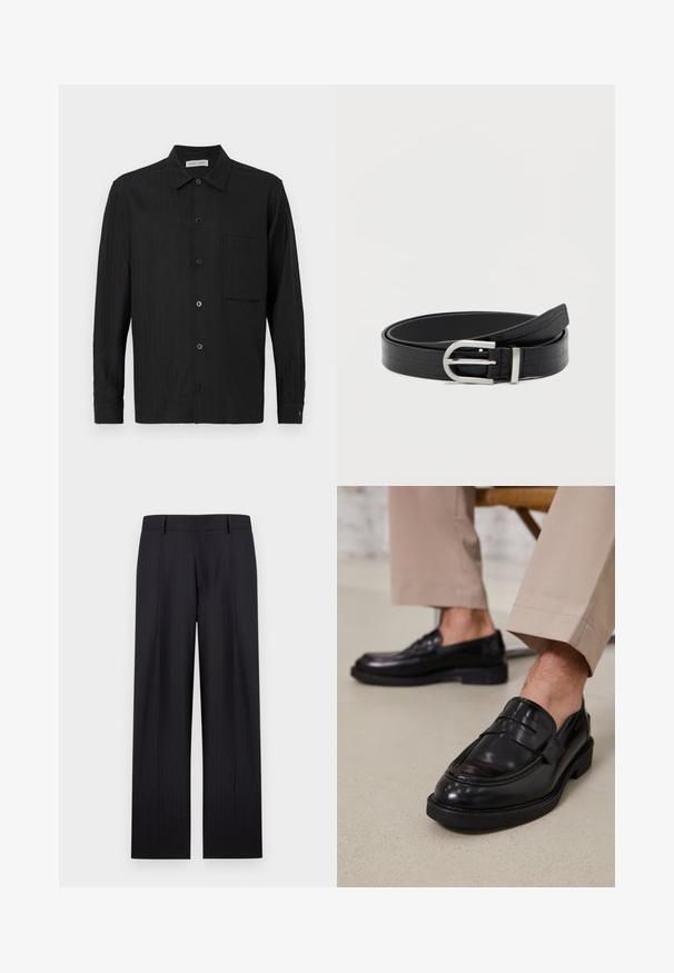 Black long-sleeve button-up shirt with vertical pinstripes, chest pocket on left side, and a classic collar.; Black pinstripe straight-leg dress trousers with belt loops and front fly closure.; Black leather loafers with a smooth finish, featuring a decorative strap and contrast stitching, paired with beige trousers.; Black faux leather belt with croc texture and a silver rounded buckle, coiled on a plain white background.
