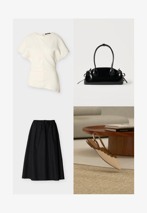 Blouse asymétrique à manches courtes de couleur blanc cassé avec tissu texturé et fermeture éclair latérale.; Jupe midi noire ligne A avec taille élastique et cordon de serrage, tissu léger et texture lisse, présentée sur fond uni.; Chaussure plate beige à bout pointu avec liseré festonné marron et bride à boucle, survolant un tapis beige texturé près d'une table en bois.; Petit sac à main noir brillant avec deux longues anses et des détails à cordon sur les côtés sur un fond clair uni.