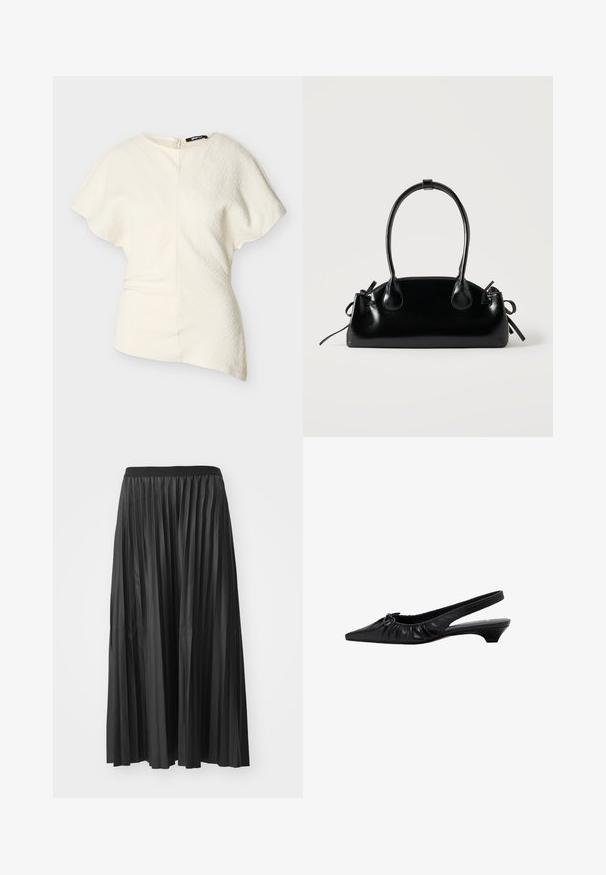 Blouse asymétrique à manches courtes de couleur blanc cassé avec tissu texturé et fermeture éclair latérale.; Jupe maxi plissée noire avec une texture lisse et une taille élastique, dotée de plis verticaux qui créent du volume et du mouvement.; Chaussure slingback en cuir noir avec un bout pointu, des détails froncés et un petit talon. Texture lisse et design minimaliste.; Petit sac à main noir brillant avec deux longues anses et des détails à cordon sur les côtés sur un fond clair uni.