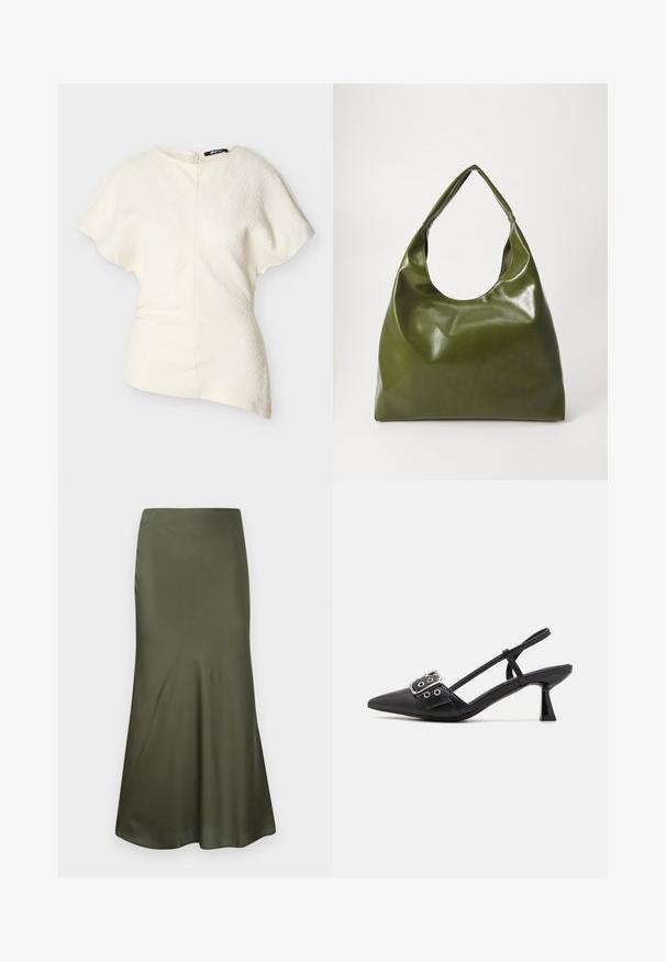 Asymmetrische offwhite blouse met korte mouwen, textuurstof en een zijritssluiting.; Olijfgroene, aansluitende midi-rok van satijnen stof, uitlopend aan de onderkant, gepresenteerd tegen een witte achtergrond.; Simmi London DALA - Klassieke pumps - black; Groene leren hobotas met een slordig ontwerp, gebogen handvat en een gladde textuur. Bevat geen zichtbare hardware of accenten.