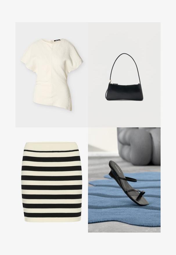Asymmetrisk offwhite kortærmet bluse med struktureret stof og lynlås i siden.; Sort og creme stribet strikskørt, tætsiddende pasform, med ribbet talje. Vandre striber skifter bredde for visuel tekstur.; Sort sandal med remme og tå-loop vist på et blåt tekstureret tæppe, med en stor grå dekorativ genstand sløret i baggrunden.; Sort rektangulær håndtaske med tynd skulderrem og lynlåslukning, sat mod en enkel hvid baggrund.