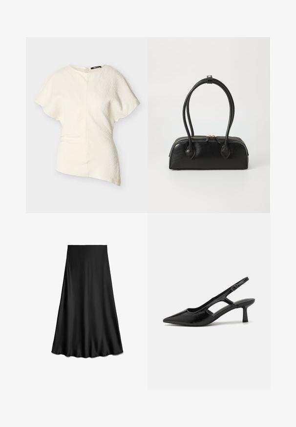 Asymmetrische, kurzärmelige Bluse in Off-White mit strukturierter Stoffqualität und seitlichem Reißverschluss.; Schwarzer Satinrock in A-Linie mit glatter Textur und fließendem Saum, knielang, auf weißem Hintergrund dargestellt.; Schwarze Slingback-Absätze mit spitzer Zehenpartie, aus glänzendem Material gefertigt, mit ausgeschnittenen Akzenten und einem moderaten Absatz für Unterstützung.; Schwarze Lederhandtasche mit zwei verlängerten Griffen, Reißverschluss und runder Form; glatte Textur mit subtiler glänzender Oberfläche.