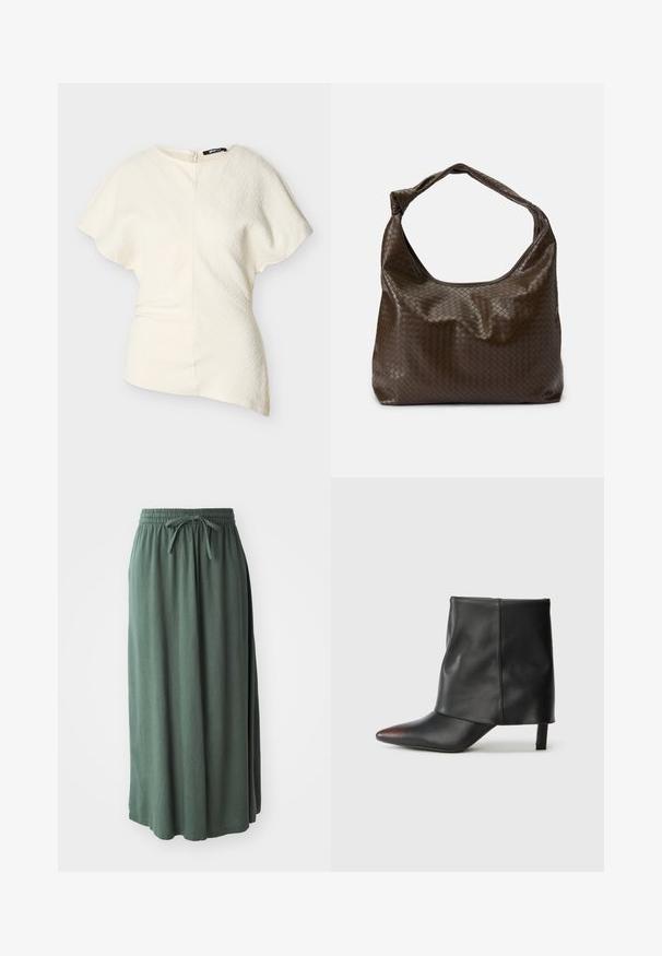 Asymmetrisk offwhite kortærmet bluse med struktureret stof og lynlås i siden.; Grøn, mellemlang nederdel lavet af blødt stof med elastisk talje og justerbar snøre; glat tekstur og enkelt design.; Sort ankelstøvle lavet af glat læder med spids tå og tilspidset hæl. Overdelen har et let rynket design.; Brun flettet lædertaske med en blød, slasket form, et enkelt håndtag og en tekstureret overflade. Den har en blød, blank finish og afrundede kanter.