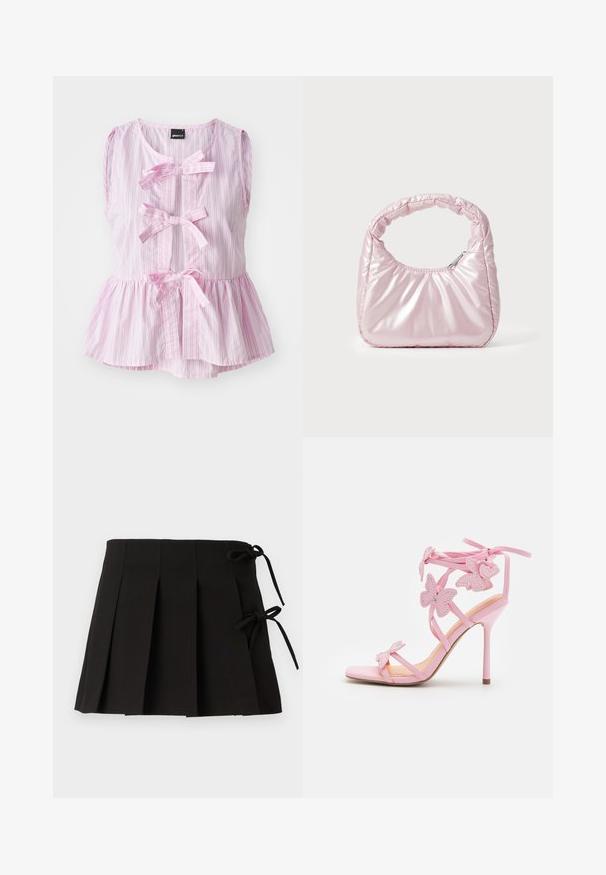 Top sin mangas a rayas rosas y blancas con un dobladillo de peplum, que presenta tres lazos frontales y un escote redondeado. Tejido ligero.; Falda plisada negra con lazos laterales, hecha de una tela de textura suave; presenta un diseño estructurado y líneas limpias.; Sandal de tacón alto rosa con acentos de mariposa, hecho de material suave. Cuenta con tirantes delgados y un tacón esbelto.; Bolso de mano acolchado en color rosa con un diseño redondeado, fabricado en material brillante. Presenta un asa fruncida y un cierre de cremallera para un acceso seguro.