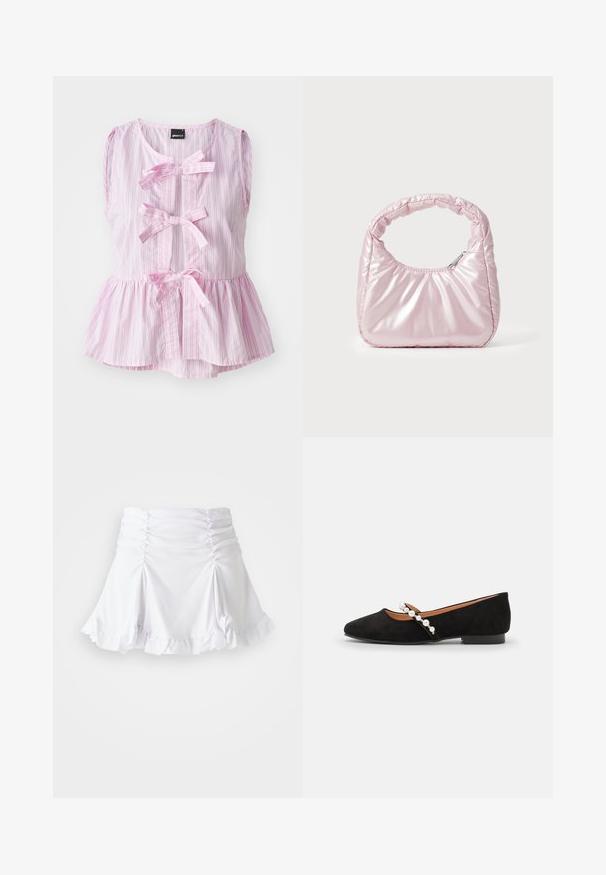 Roze en witte gestreepte mouwloze top met een peplum zoom, voorzien van drie frontboventjes en een ronde halslijn. Lichtgewicht stof.; Witte rok van gestructureerde stof met ruches en een gerimpelde zoom. Heeft een uitlopende ontwerp met een aansluitende taille.; Zwarte fluwelen balletflats met een spitse neus, voorzien van een decoratieve band versierd met witte parels en een lage hak.; Roze, gevoerde handtas met een afgeronde vorm, gemaakt van glanzend materiaal. Beschikt over een geplooide handgreep en een ritssluiting voor veilige toegang.